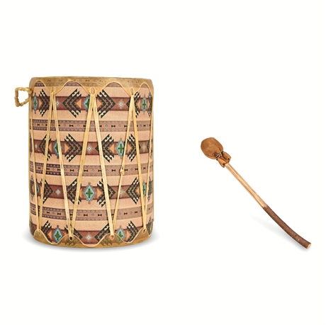 Painted Hide & Wood Pueblo-Style Drum with Beater