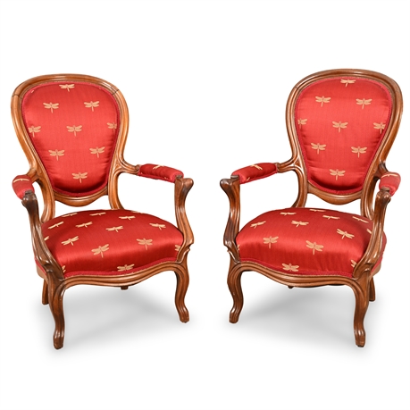 Pair of Louis XV Style Fauteuils – Solid Wood Frame, Silk Dragonfly Upholstery