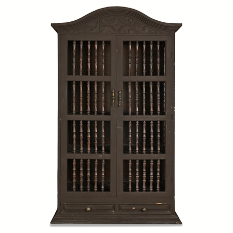 Mexican Pine Spindle-Front Display Cabinet with Carved Bonnet Crest