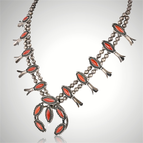 1970s Navajo Sterling Silver & Red Coral Squash Blossom Necklace, 175g