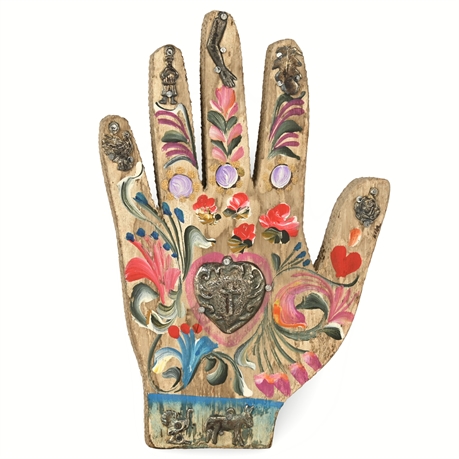 Hand-Painted Mexican Milagro Wooden Hand with Folk Art Charms