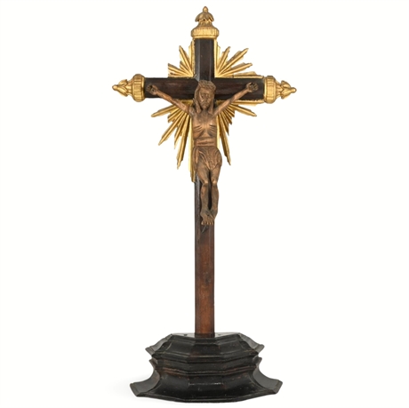 18th Century Spanish Colonial Hand-Carved Crucifix with Gilded Starburst