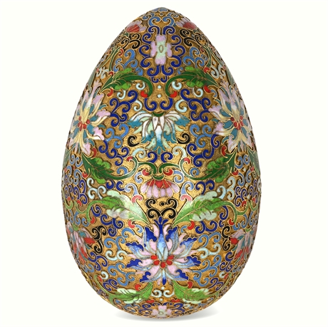 Chinese Cloisonné Enamel Egg with Wood Stand, Hand-Enameled
