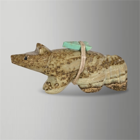 Zuni Carved Stone Bear Fetish with Turquoise & Sinew-Bound Offering