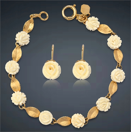 14K Yellow Gold Carved Rose Bracelet and Earrings Set