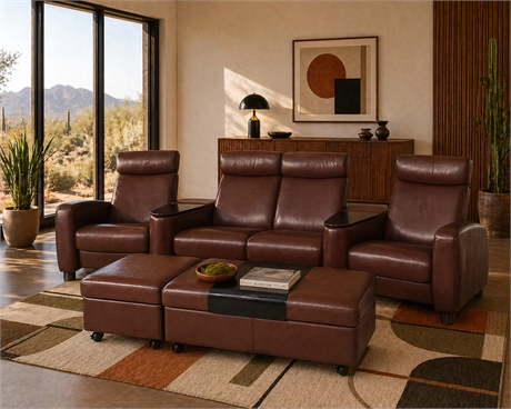 Ekornes Stressless Arion Leather Theater Seating 7-Pc — Recline, Tables, Storage