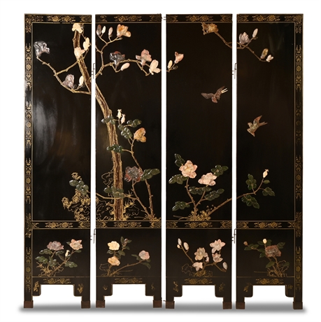 Late 19th Century Chinese Lacquer and Stone 4-Panel Screen