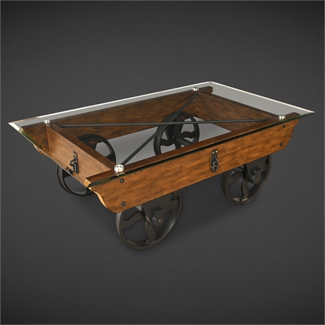 Industrial Cocktail Table – Glass, Wood & Metal Wagon Wheels