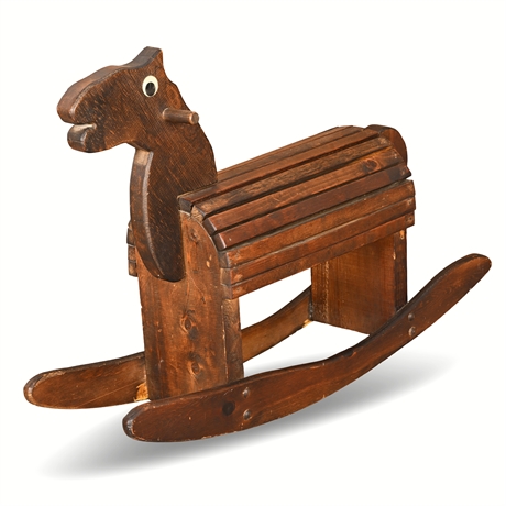 Hand-Built 1970s Oak Rocking Horse with Googly Eyes