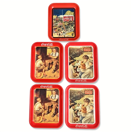 (5) Vintage Coca-Cola Tray Lot – Baseball, Blacksmith, Circus Scenes