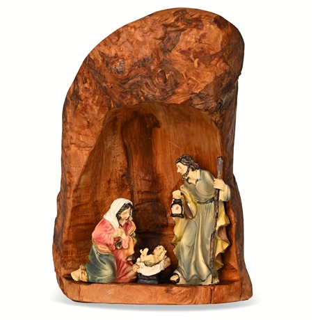 Hand-Carved Wood Creche with 5-Piece Hand-Painted Resin Nativity