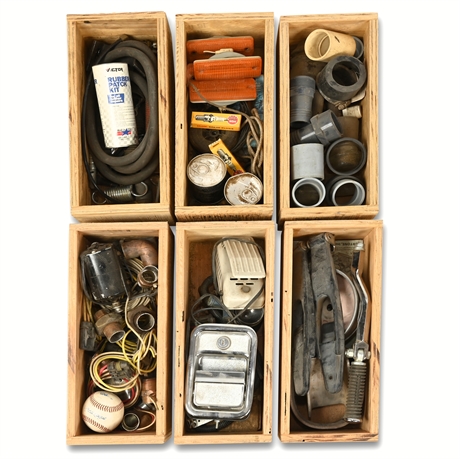 6 Wooden Crates of Mechanic’s Supplies – Tools, Automotive Parts, and Hardware