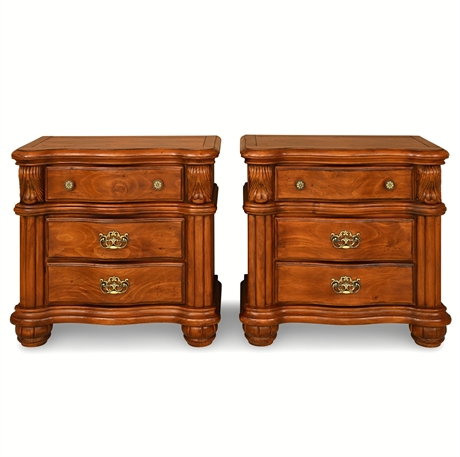Pair Baroque Revival Nightstands — Knotty Pine, Brass Hardware