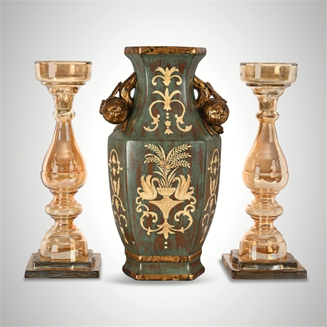 Mantel Vase with Pair of Amber Luster Glass Pillar Candle Holders