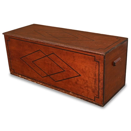 Vintage Pine Blanket Chest with Geometric Motifs, 48.5″