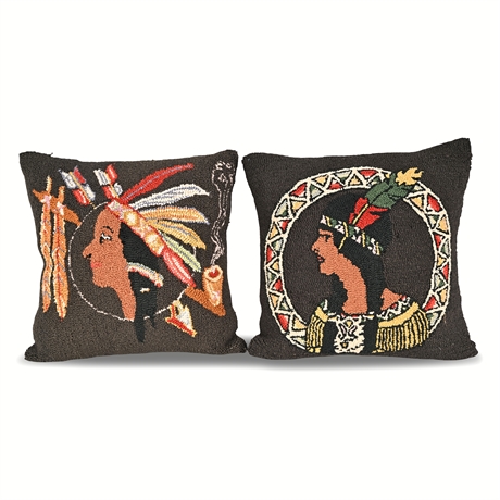 Hand-Hooked Wool Pillow Pair — Native American Figural, 15"