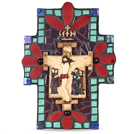 Cindy Duff 2010 Mosaic Cross with Cast Resin Crucifix, Wall Art