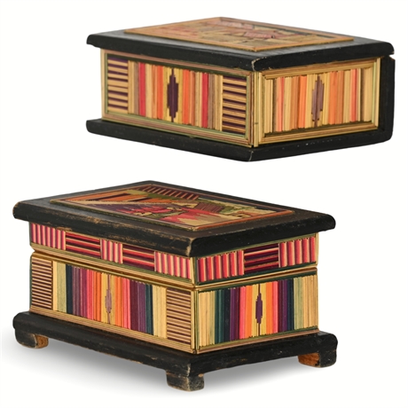 Pair of Handcrafted Mexican Popotillo Boxes – Vibrant Folk Art