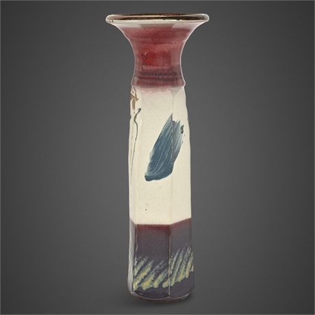 Tall Studio Pottery Vase Faceted Form 16.25” Abstract Glaze
