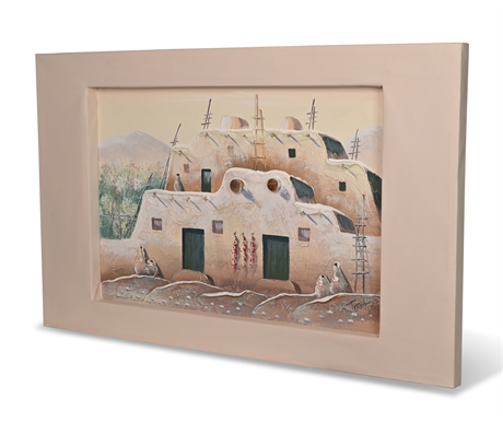 3D Pueblo Scene Mixed-Media Painting on Canvas by Teresa
