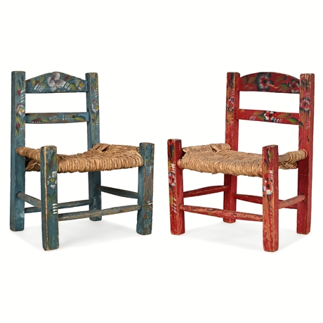 Pair of Diminutive Folk Art Hand-Painted Chairs, Blue & Red, Rush Seats