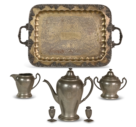 Antique Pewter Tea Set with Tray