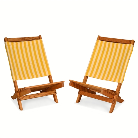 Oak Folding Beach Chairs Yellow Stripe Canvas – Reclining Pair