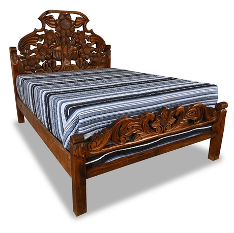Diego Rivera Style Hand-Carved Pine Queen Bed – Kneeling Girl & Sunflowers