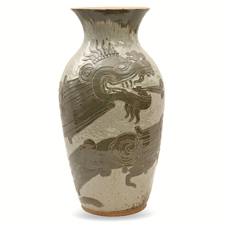 Large Studio Pottery Vase — Quetzalcoatl Serpent Motif, Signed