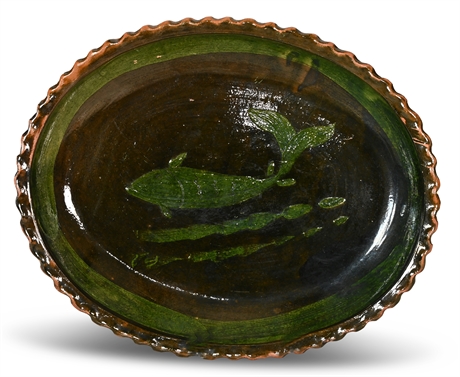 Vintage Mexican Pottery Green and Black Decorated Whale Platter
