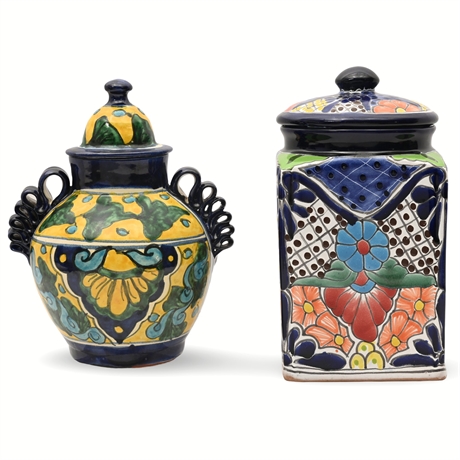 Pair of Hand-Painted Talavera Ceramic Jars with Lids