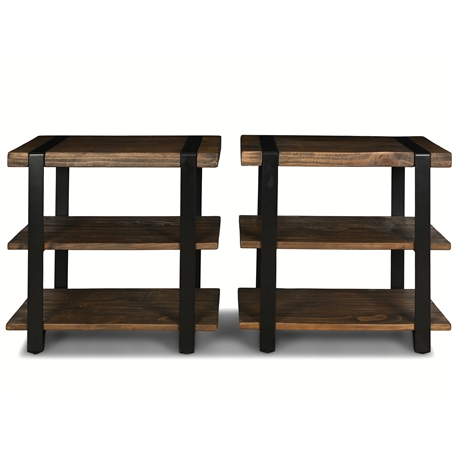 Industrial Chic Rustic Wooden Side Table Set with Metal Accents