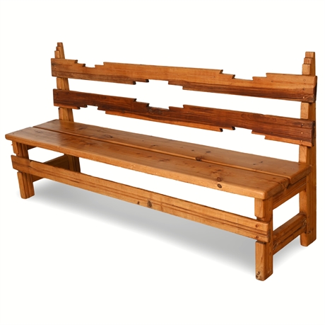 74" Rustic Wood Bench with Distinctive Geometric Backrest Design