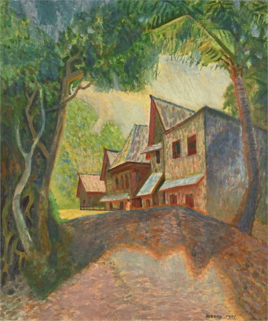 William "Bill" Rakocy 1947 Oil on Panel — Town on Mactan Island