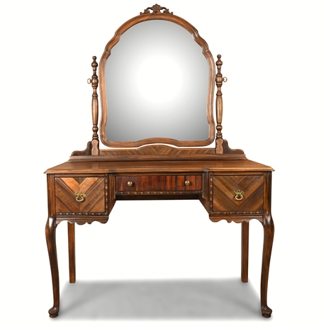 Queen Anne Style Walnut Vanity w/ Adjustable Mirror & Upholstered Stool