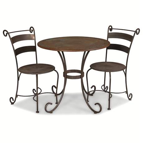 Vintage Iron Bistro Set Copper Top Table & Chairs Scroll Design