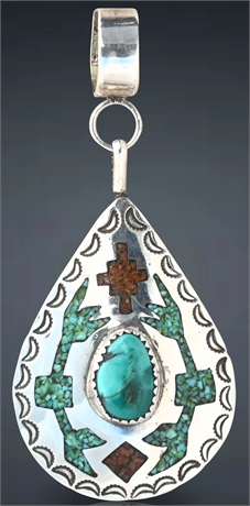 Vintage Turquoise & Coral Inlay Pendant