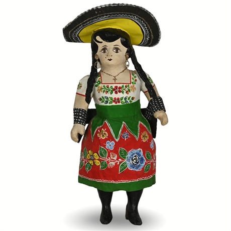 Vintage Mexican Folk Art Papier-Mâché Figurine, Hand-Painted, Freestanding