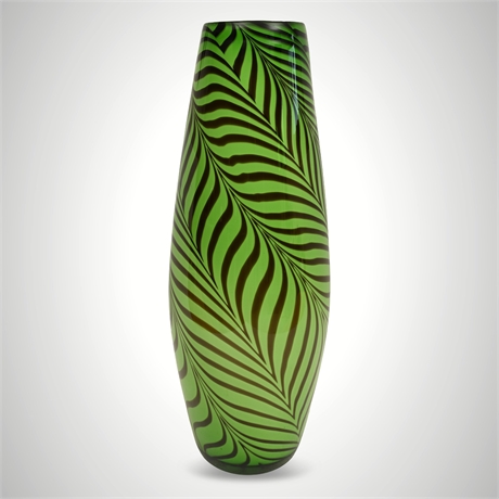 Hand-Blown Art Glass Vase with Black Feathered Pulled-Loop on Emerald Green