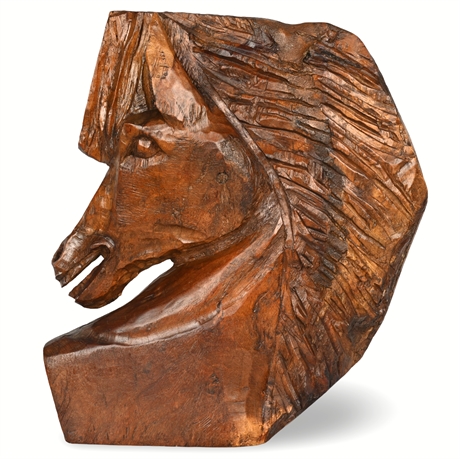 Hand-Carved Wooden Horse Head Sculpture – Solid Wood, 18.5" Tall