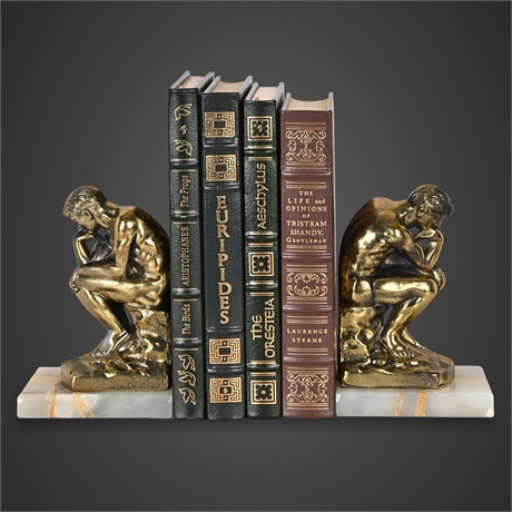 Brass “The Thinker” Bookends on Onyx Bases – Maker Marked, Italy