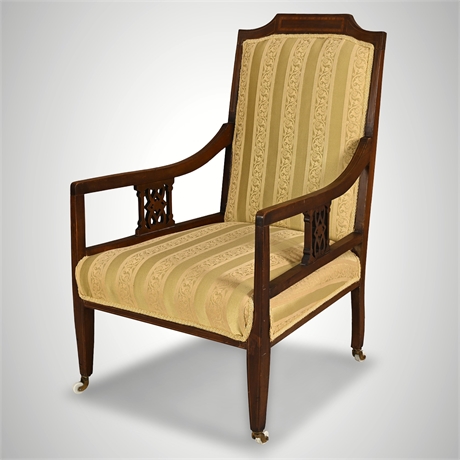 Edwardian Inlaid Mahogany Library Armchair on Porcelain Castors, c. 1900