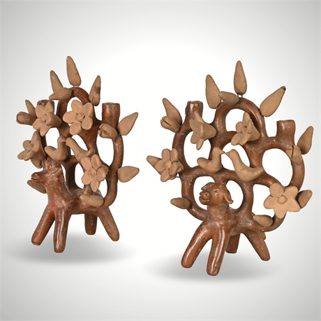 Mexican Folk Art Tree of Life Pair — Clay Candelabra, Animal Base, 7"