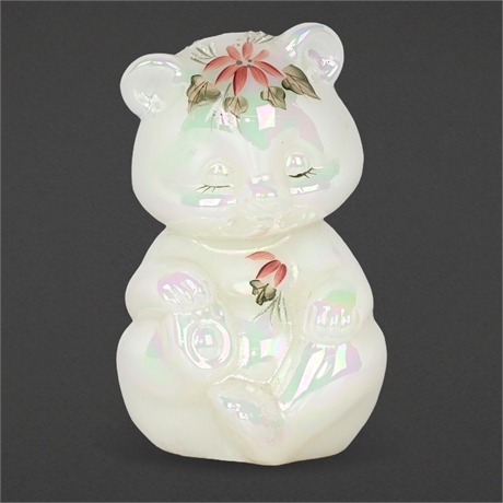 Fenton Iridized Opal Glass Bear - Hand-Painted & Signed by W. Yenick
