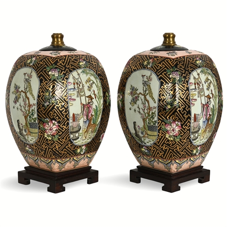 Pair of Maitland-Smith Porcelain Chinoiserie Ginger Jar Lamp Bases