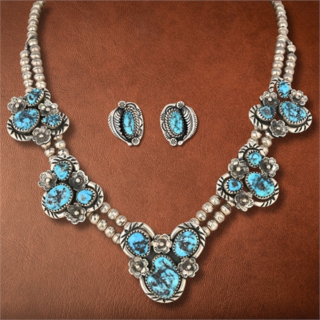 Lloyd Oliver Navajo Sterling Silver Kingman Turquoise Squash Blossom Set