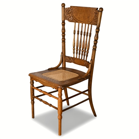 Hand-Carved Oak Side Chair with Cane Seat — Victorian Era