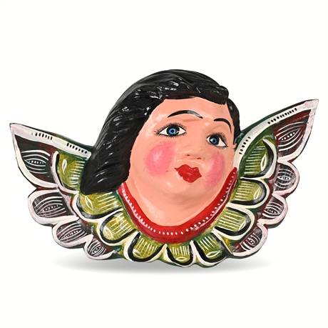 Hand-Painted Mexican Folk Art Angel Face Sculpture – Wall-Mountable