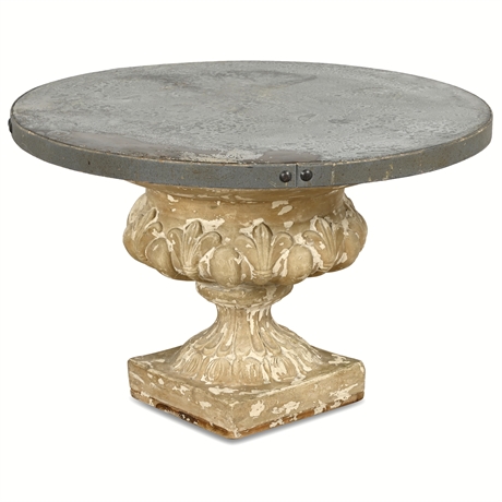 Neoclassical Style Cocktail Table with Banded Steel Top and Distressed Base