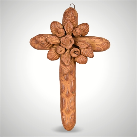 11" Folk Art Terracotta Floral Cross – Wall Hanging